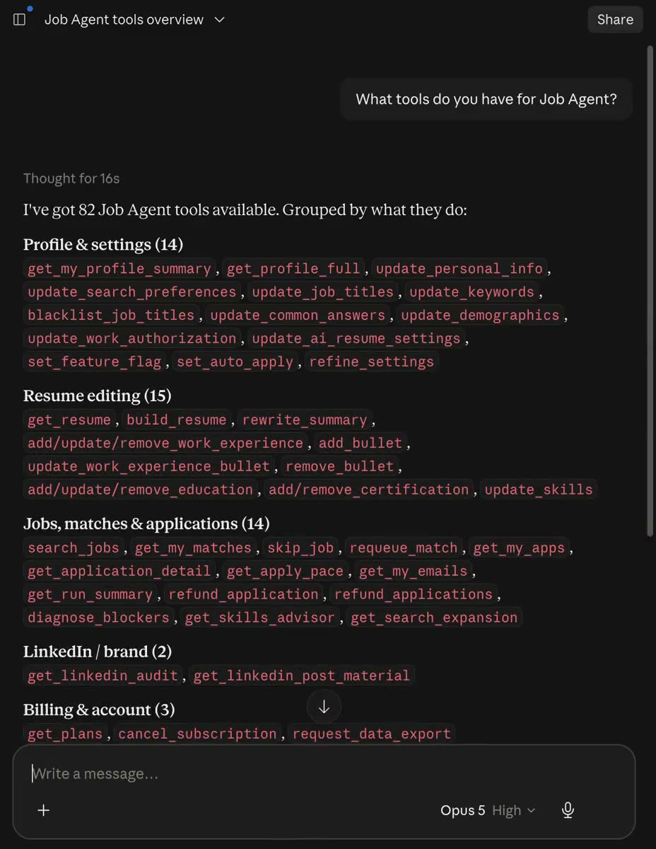 Claude answering a question about Job Agent by listing the connected tools, grouped by what they do